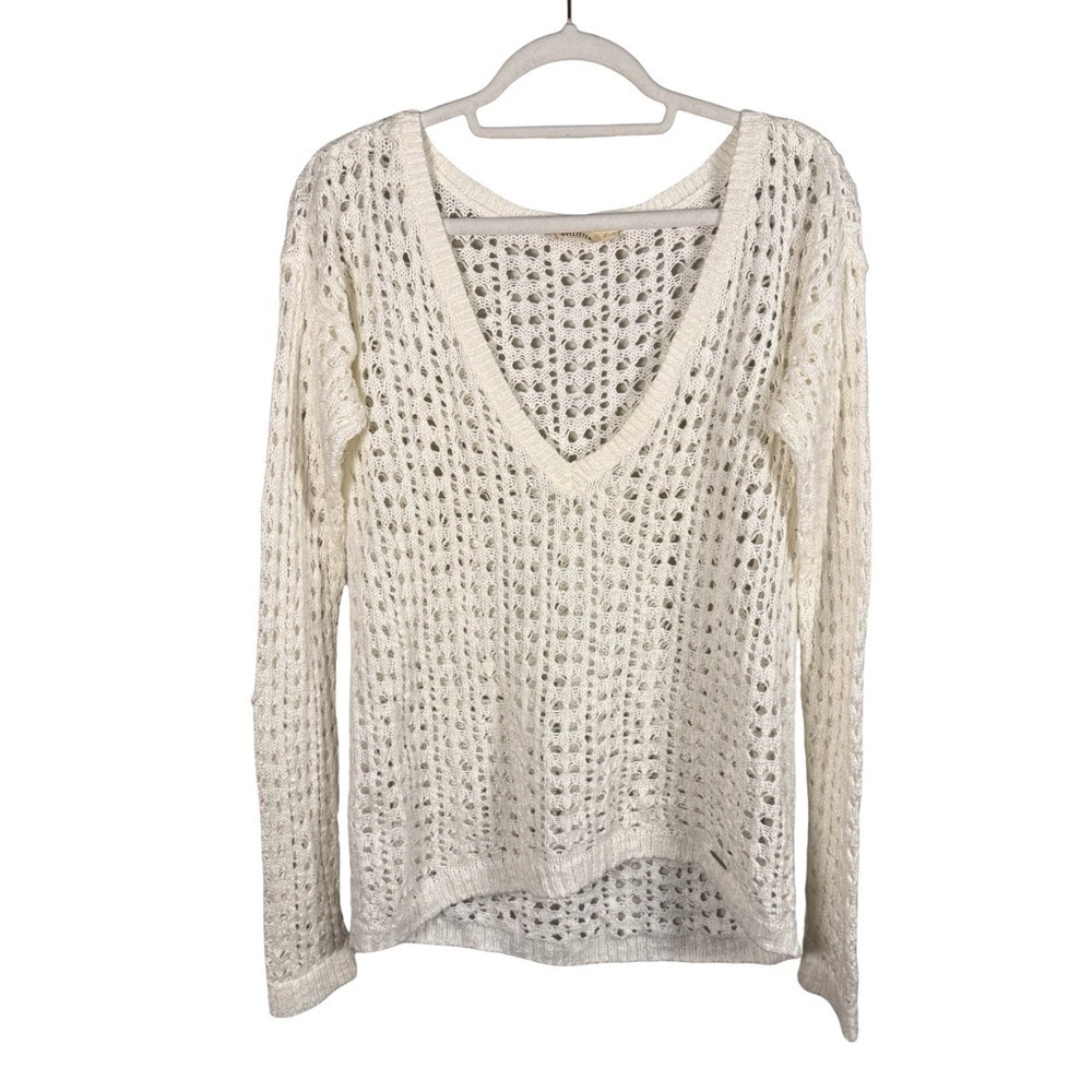 Hollister Women's V-Neck Crochet White Cream Sweater Size M FLAWED Knit Project